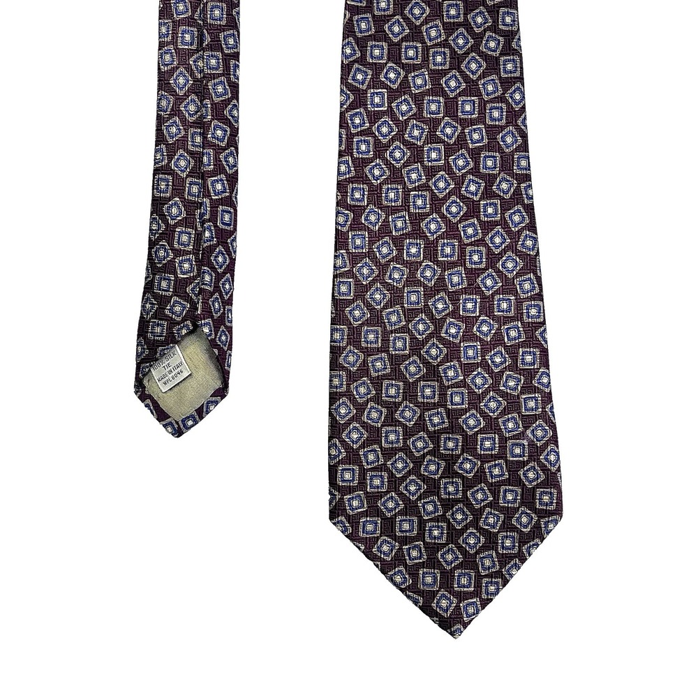 Christopher Hayes Silk Tie Mens Burgundy Blue Geometric Diamond Necktie Italy - Picture 5 of 9
